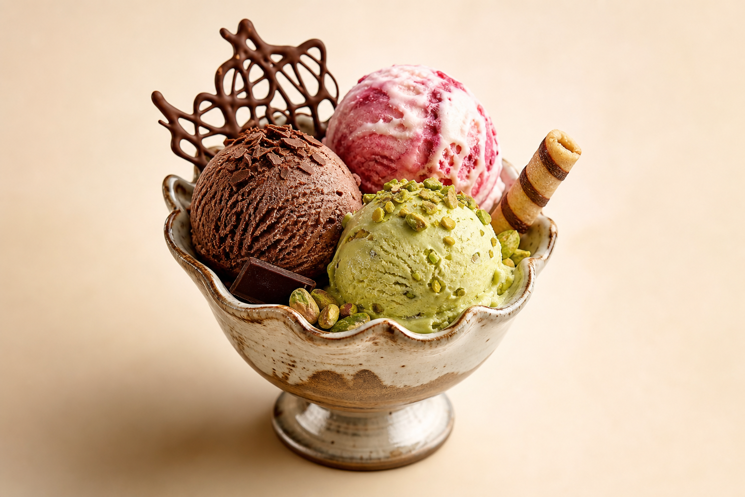 Coppa di gelato artigianale con tre gusti