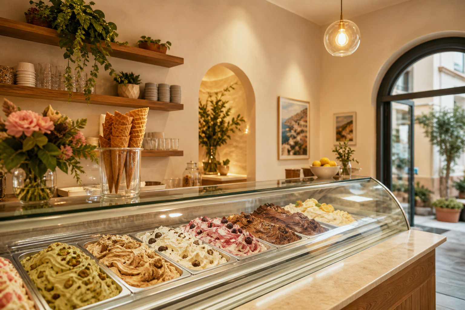Interno della cremeria con vetrina dei gelati